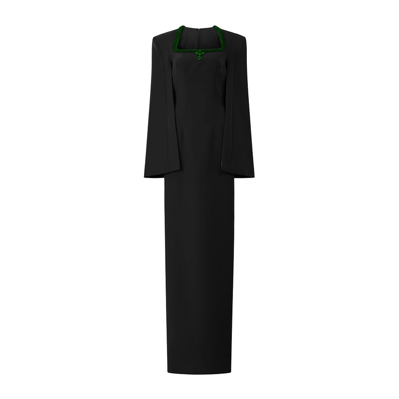 BLACK COLUMN EVENING GOWN WITH TRAPEZE NECKLINE AND LONG SLIT SLEEVES