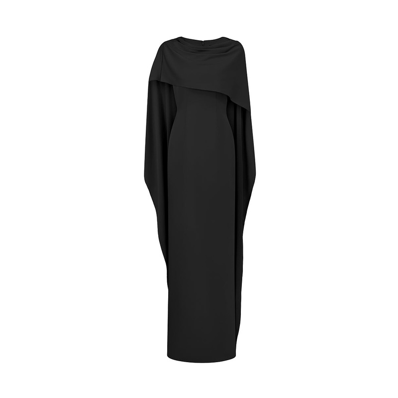 BLACK COLUMN GOWN WITH DRAPED RIBBON OVER THE SHOULDER