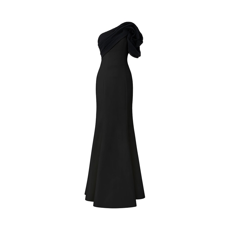 BLACK MERMAID EVENING GOWN WITH ONE SHOULDER AND DRAPED DETAIL