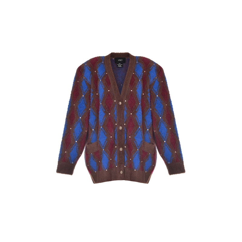 BROWN AND BLUE CHECKED WOOL CARDIGAN