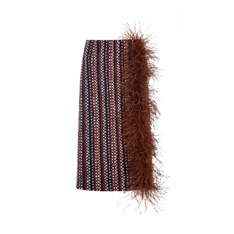 BROWN CHECKED WOOL AND FEATHER SKIRT