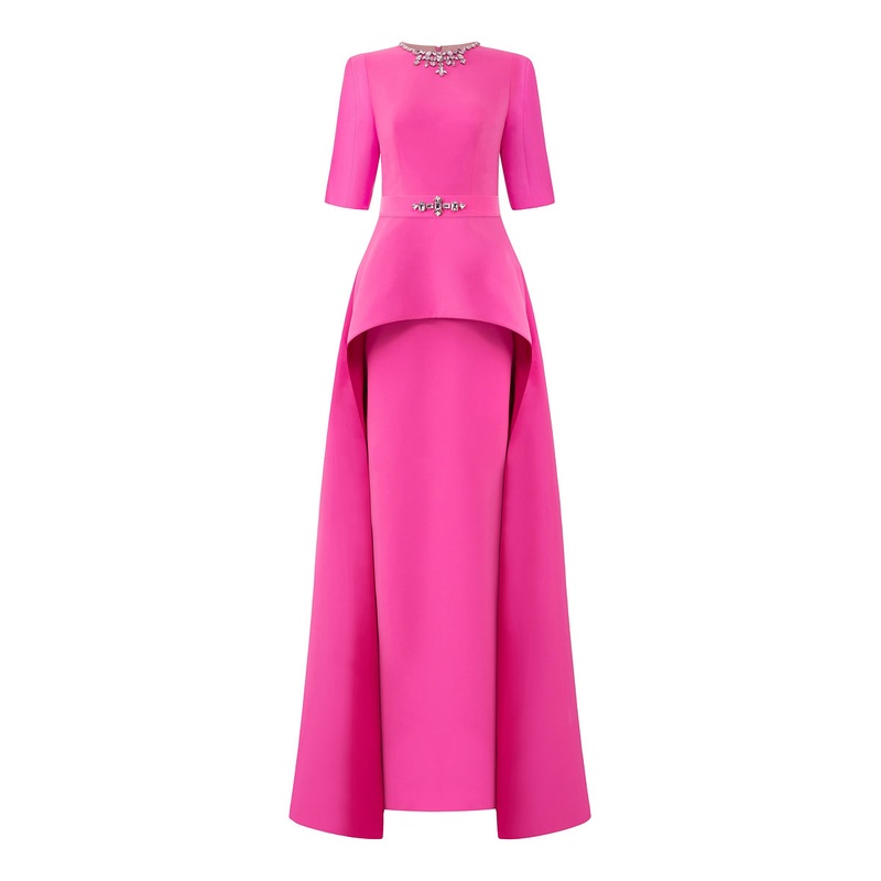 COLUMN EVENING GOWN WITH ELBOW LENGTH SLEEVES AND ATTACHED MULLET PEPLUM