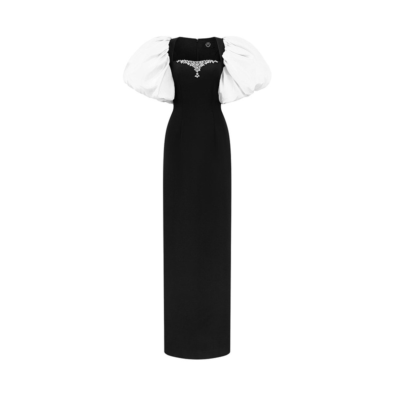 COLUMN EVENING GOWN WITH TRAPEZE NECKLINE AND DRAPED SHORT SLEEVES