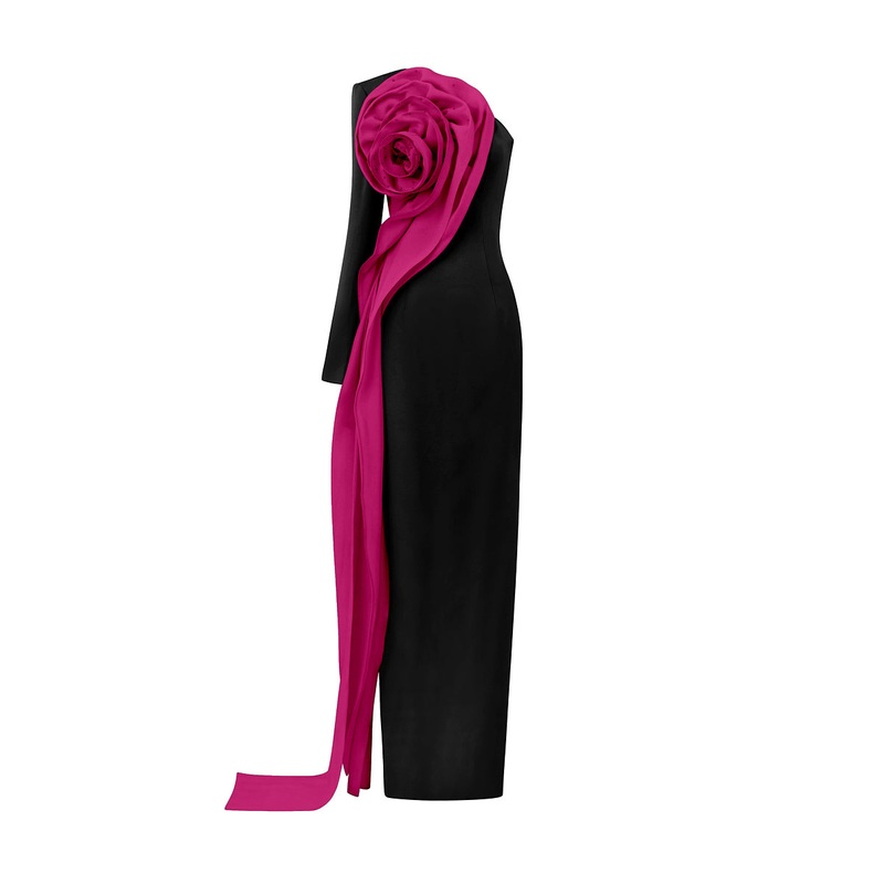 COLUMN GOWN WITH DRAPED ROSE ON SIDE CHEST