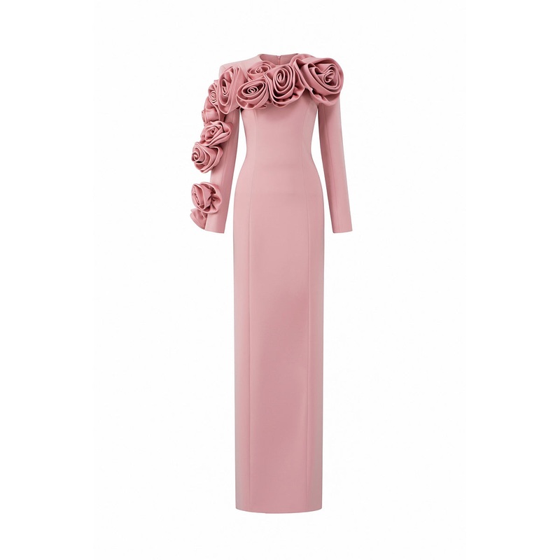 COLUMN GOWN WITH LONG SLEEVES AND ATTACHED DRAPED ROSE