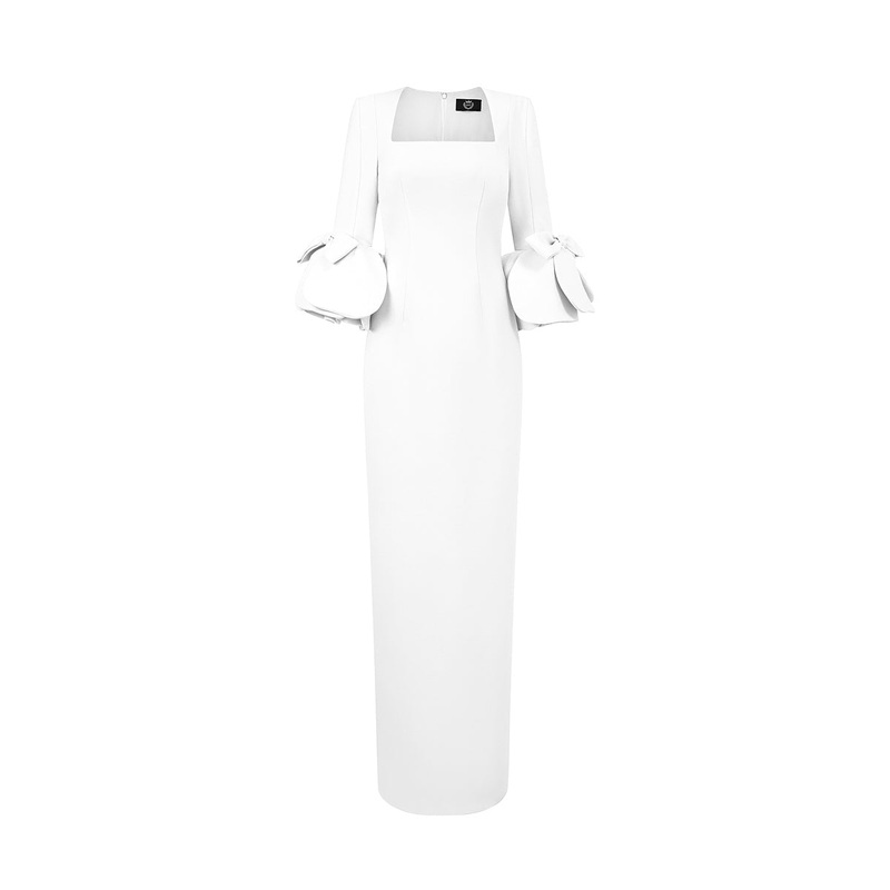 COLUMN GOWN WITH TRAPEZE NECKLINE AND ROSE DRAPED THREE-QUARTER SLEEVES
