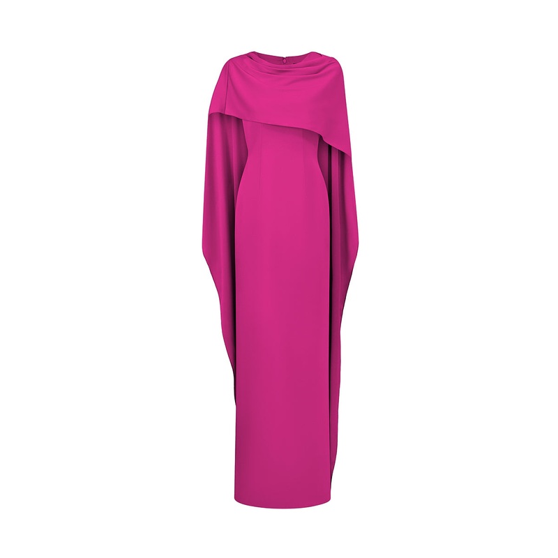 FUCHSIA COLUMN EVENING GOWN WITH DRAPED RIBBON OVER THE SHOULDER