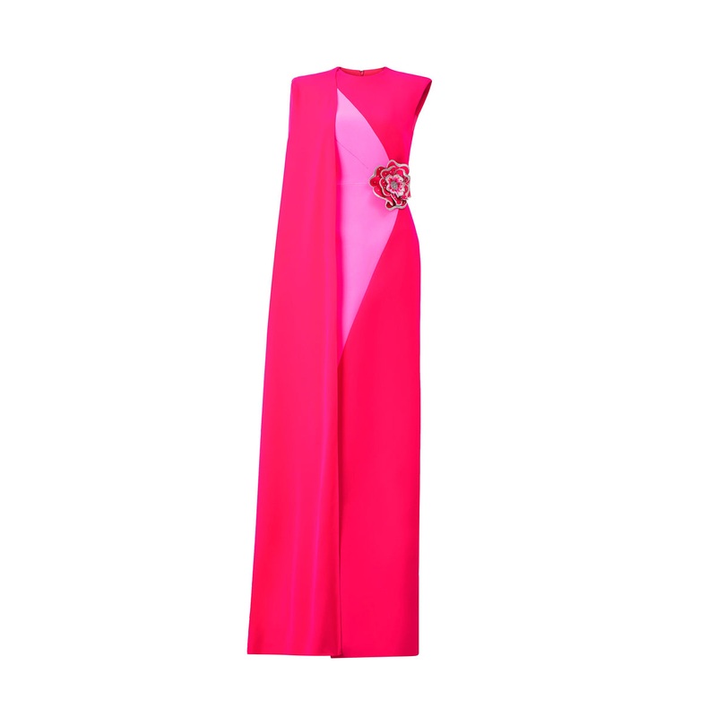 FUCHSIA COLUMN GOWN WITH ATTACHED ONE SHOULDER LONG CAPE
