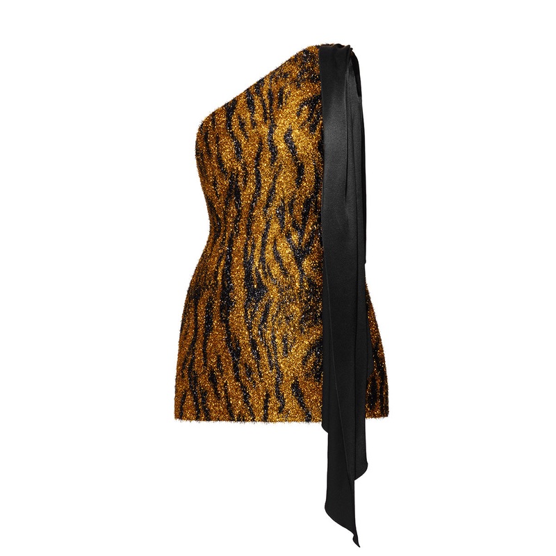 FUZZY ONE SHOULDER MINI DRESS IN LEOPARD PRINT