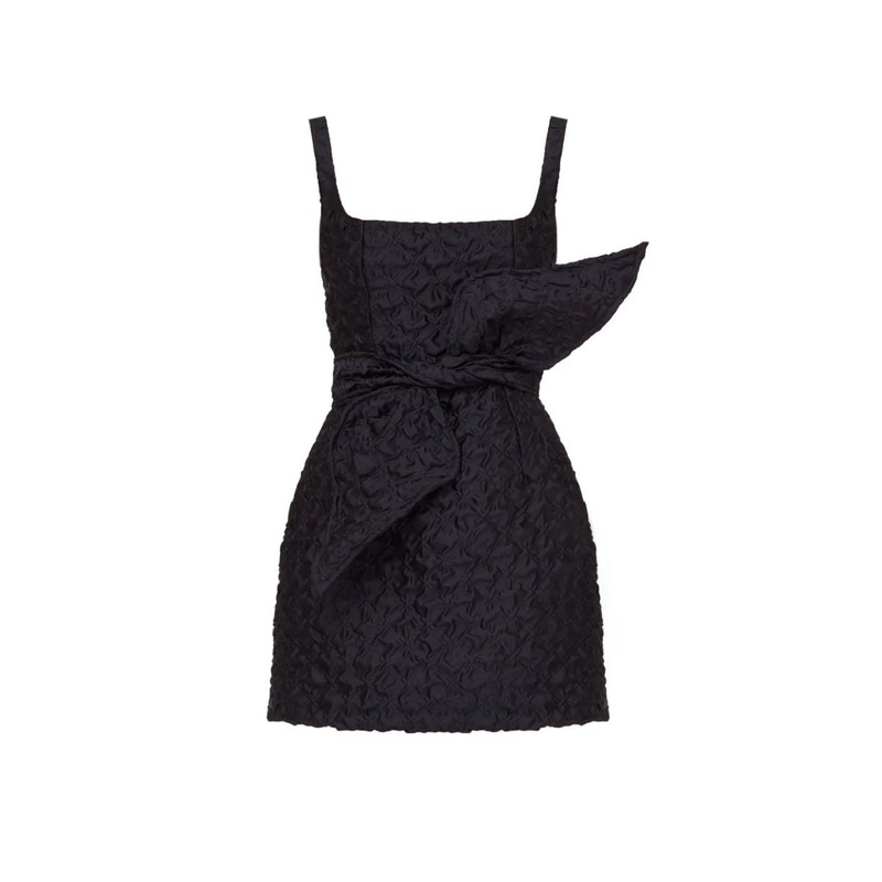 GOLDA BLACK TEXTURED FABRIC MINI DRESS WITH BOW BELT