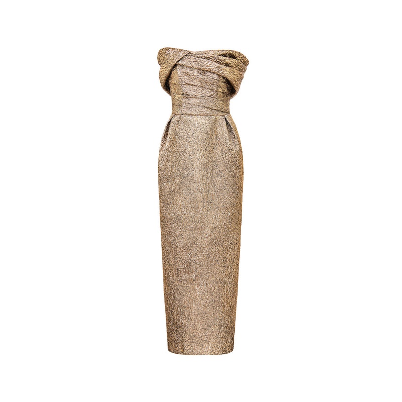 JACQUARD GOLD PLEATED OFF-SHOULDER DRESS
