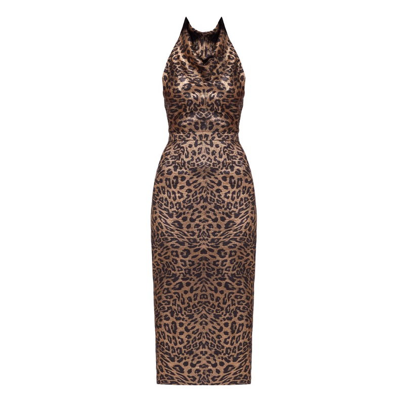 LARA METALLIC ANIMAL PRINT MIDI COWL NECK DRESS