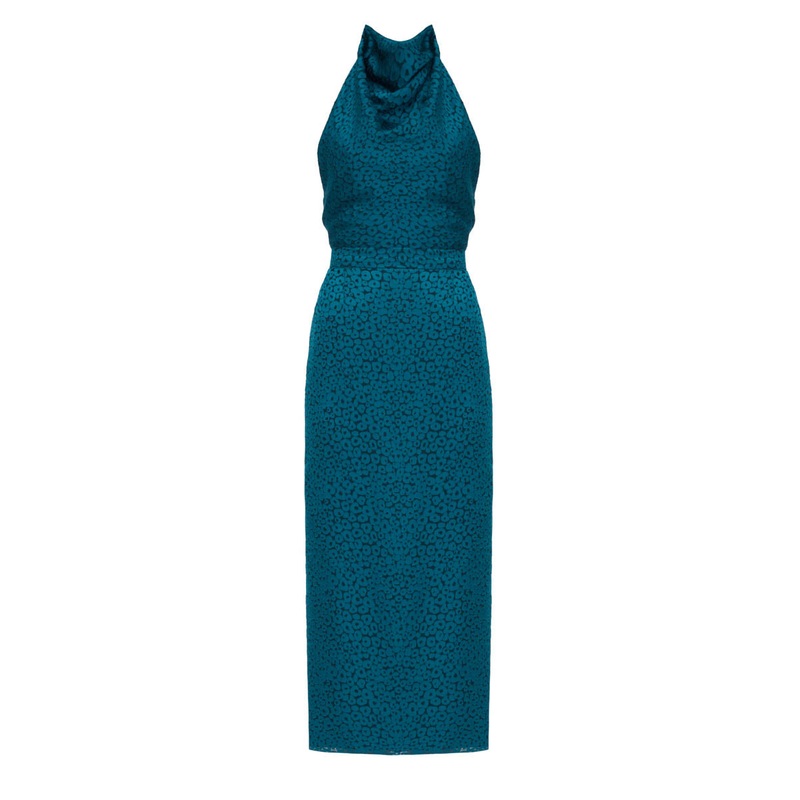 LARA TEAL BLUE JACQUARD FABRIC MIDI DRESS WITH COWL NECK