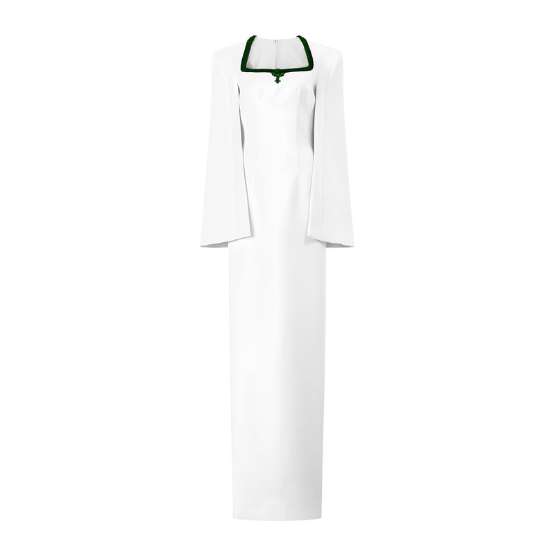 WHITE COLUMN GOWN WITH TRAPEZE NECKLINE AND LONG SLIT SLEEVES