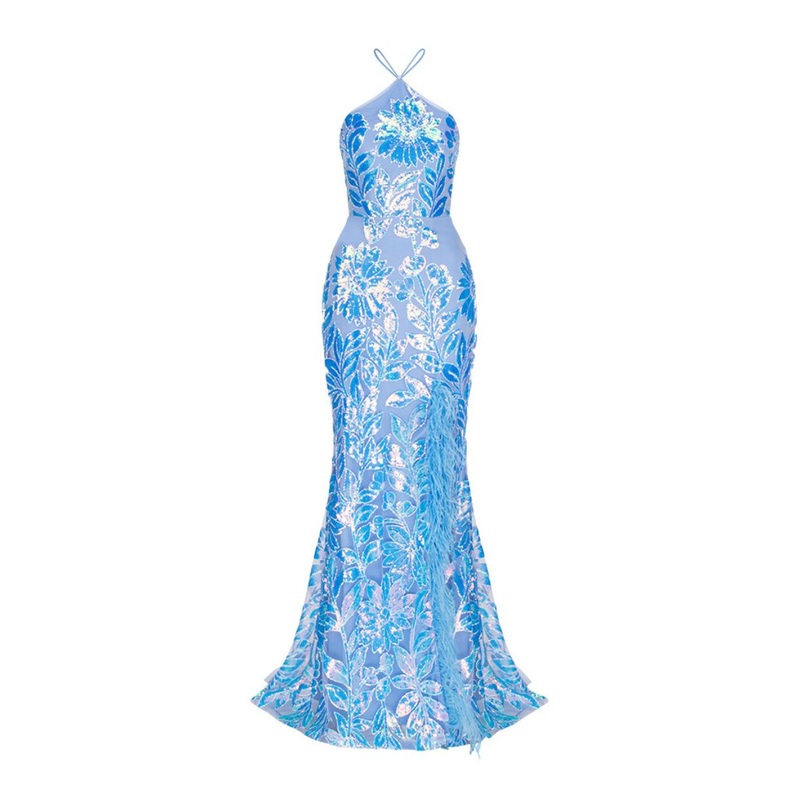 ATIRA FEATHERED GOWN IN IRRIDESCENT BLUE