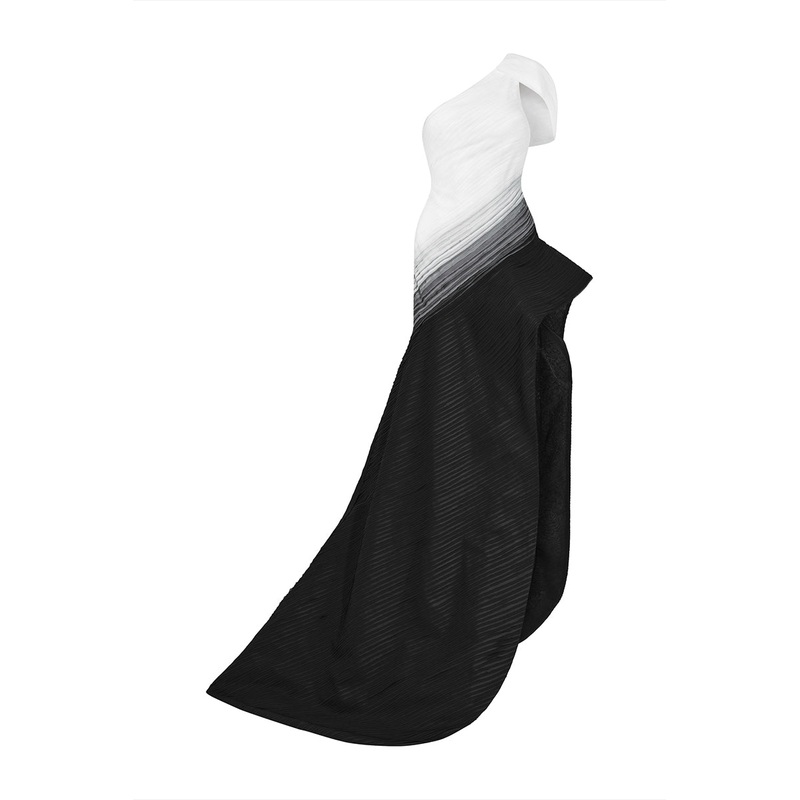 BLACK WHITE AND GRAY ONE-SHOULDER LAYERED GOWN