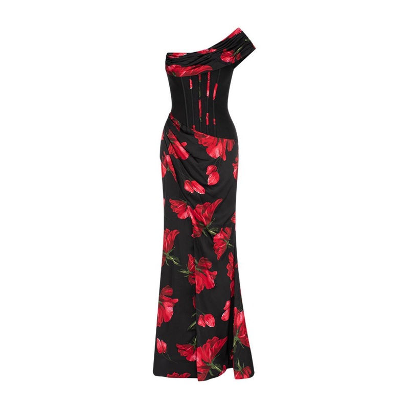 DALLAS ONE SHOULDER GOWN IN RED PRINT