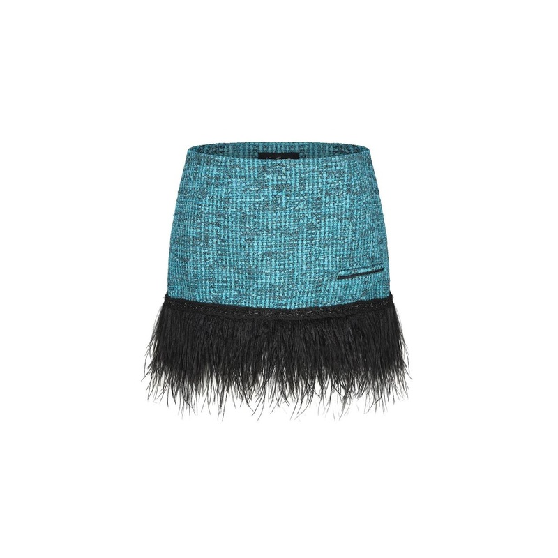 DAPHNE BLUE TWEED FEATHER-TRIMMED MINI SKIRT
