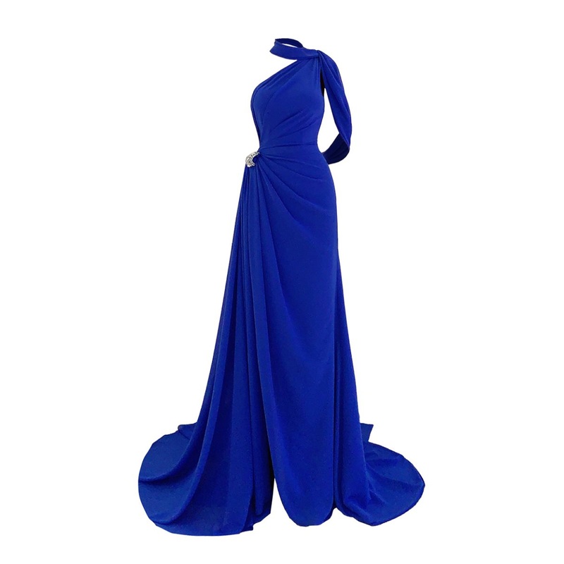 NAVY BLUE OFF SHOULDER EVENING GOWN