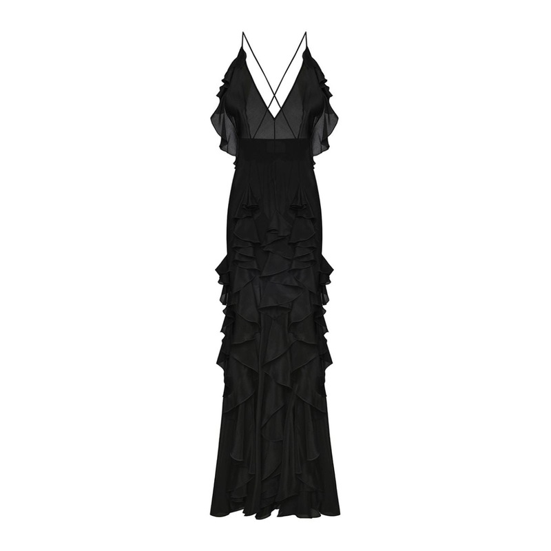 OPEN BACK RUFFLE GOWN IN BLACK