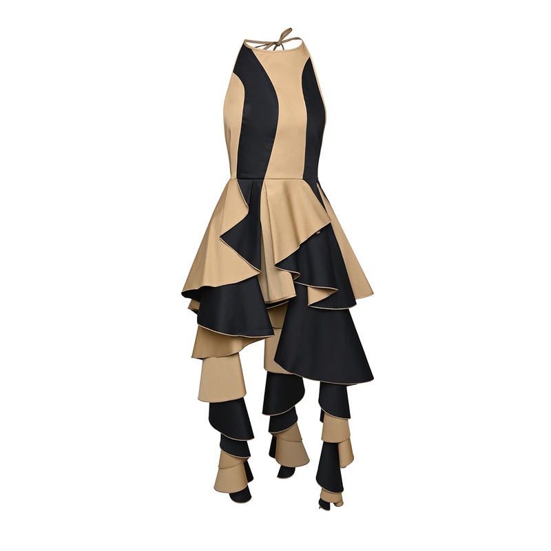 RUFFLE MINI DRESS IN MUSTARD AND BLACK
