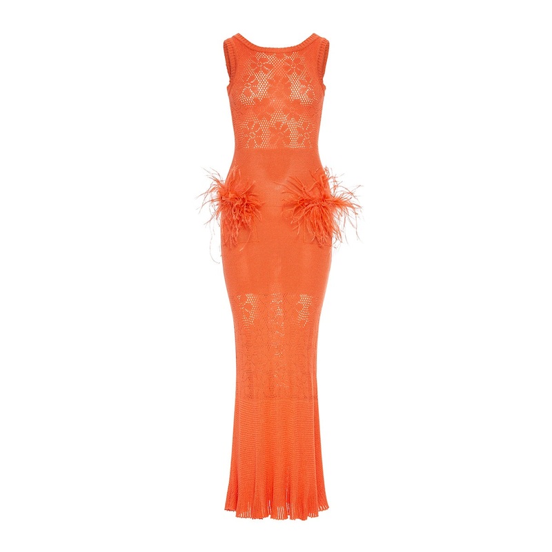 VANILLA CORAL KNIT DRESS WITH FEATHERS