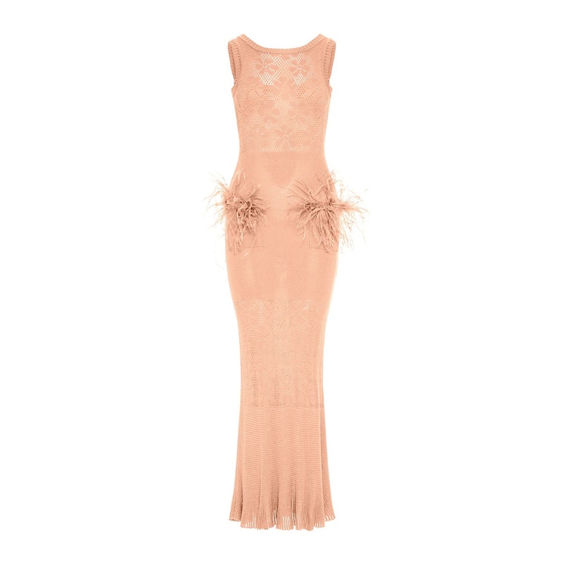 VANILLA PEACH KNIT DRESS WITH FEATHERS