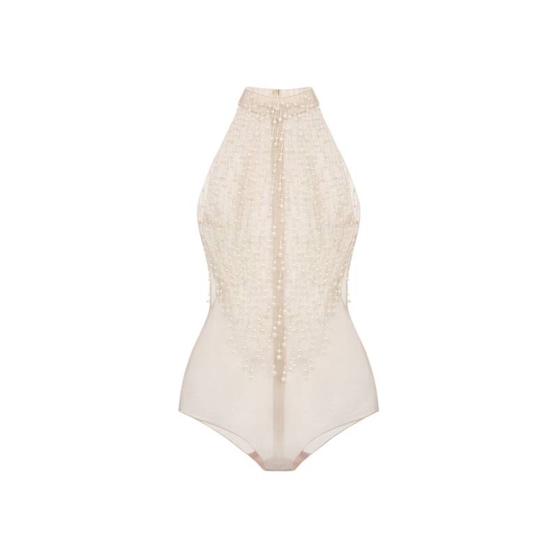 BEIGE FAUX PEARL SLEEVELESS TOP