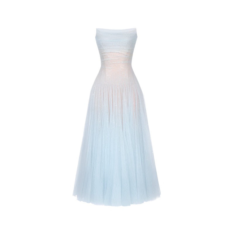 BLUE DRAPED LACE MIDI DRESS