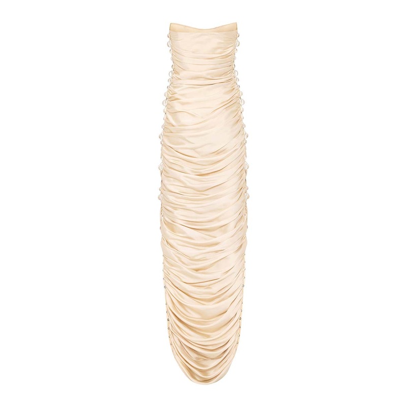 LACE-UP BEIGE RUCHED GOWN