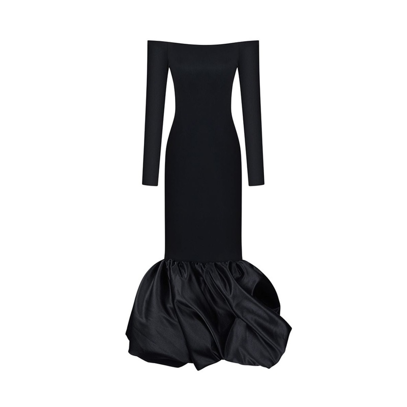 MERINGUE FLOUNCE MIDI DRESS IN BLACK