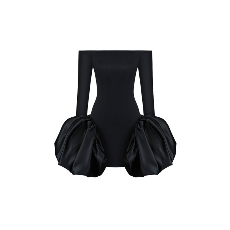 MERINGUE FLOUNCE MINI DRESS IN BLACK