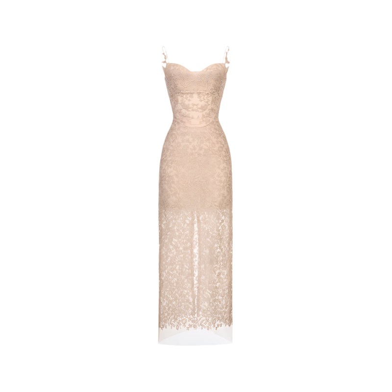 NUDE LACE STRAPLESS MIDI DRESS