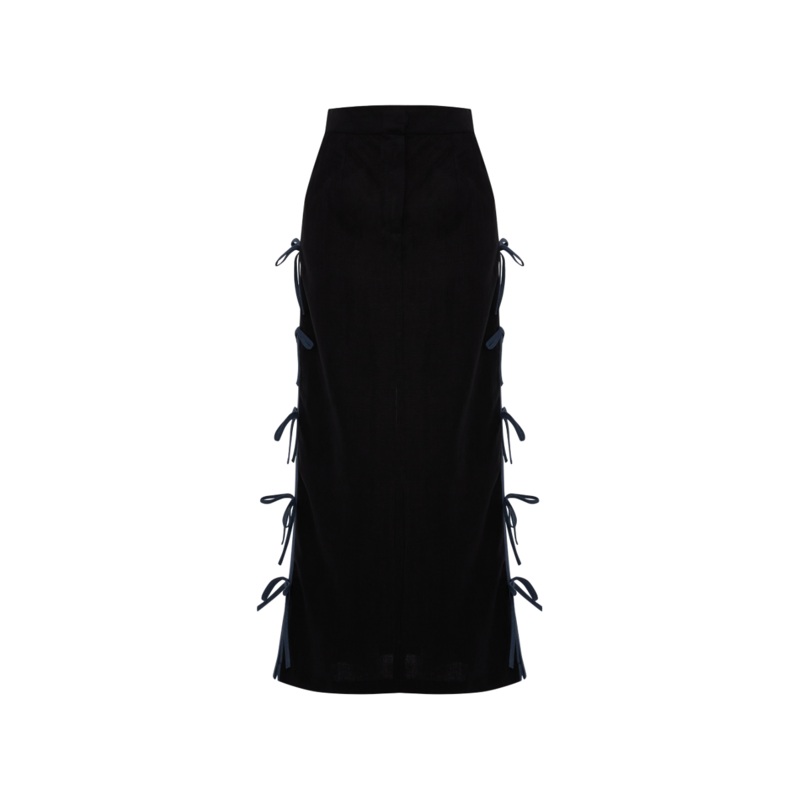 CAROLINA BLACK LINEN BOW MIDI SKIRT