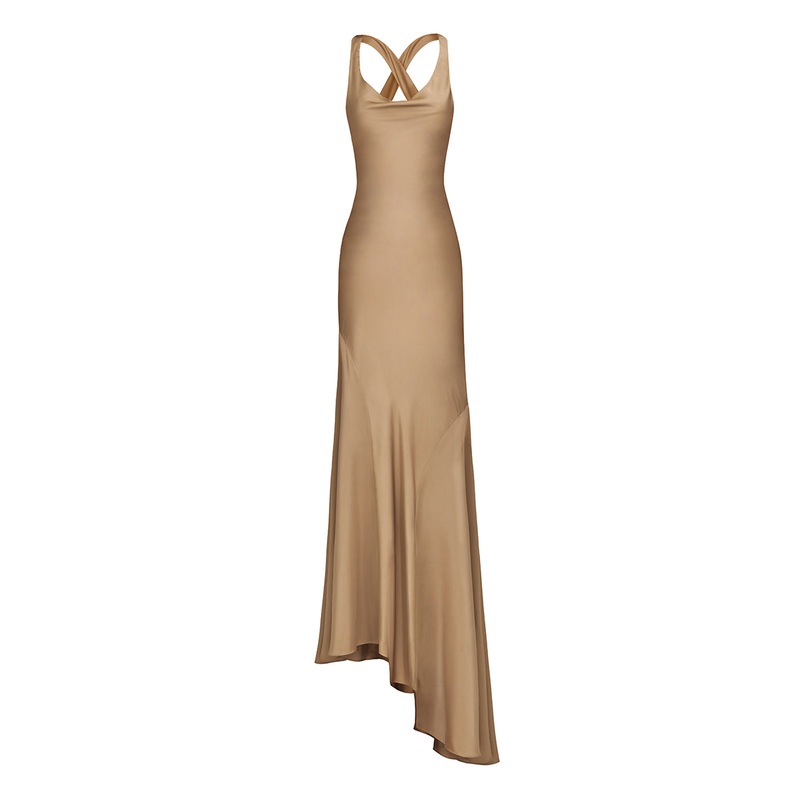 CROSS-BACK GOWN IN TAN BROWN