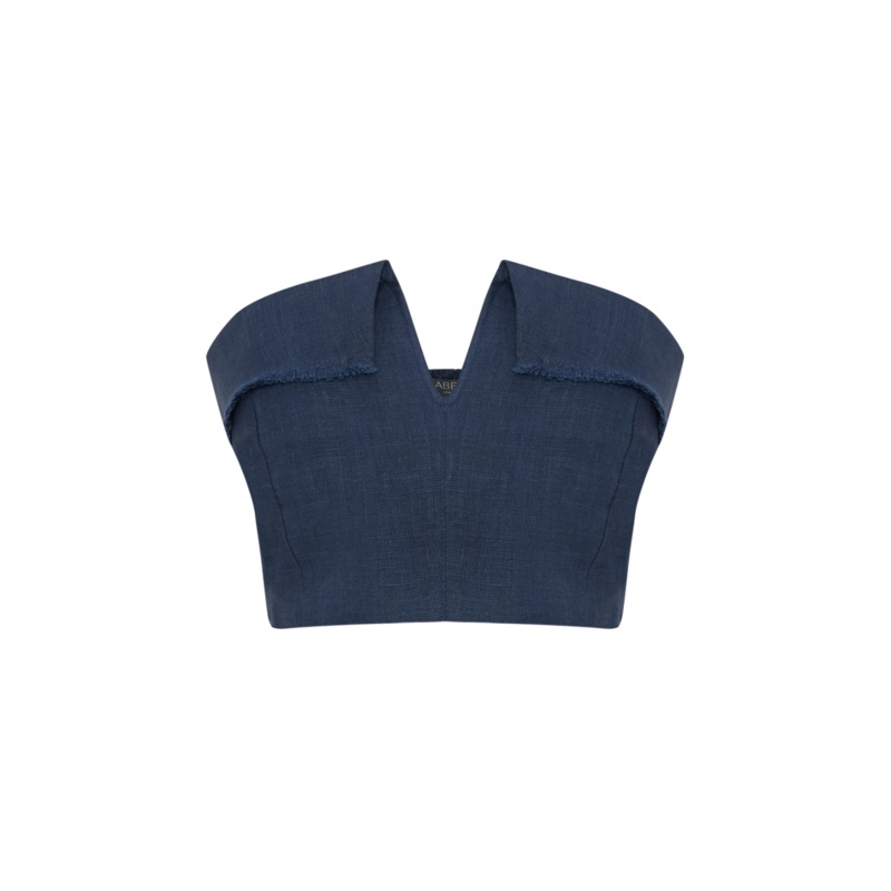 DUNE NAVY LINEN FRINGE V NECK CROP TOP