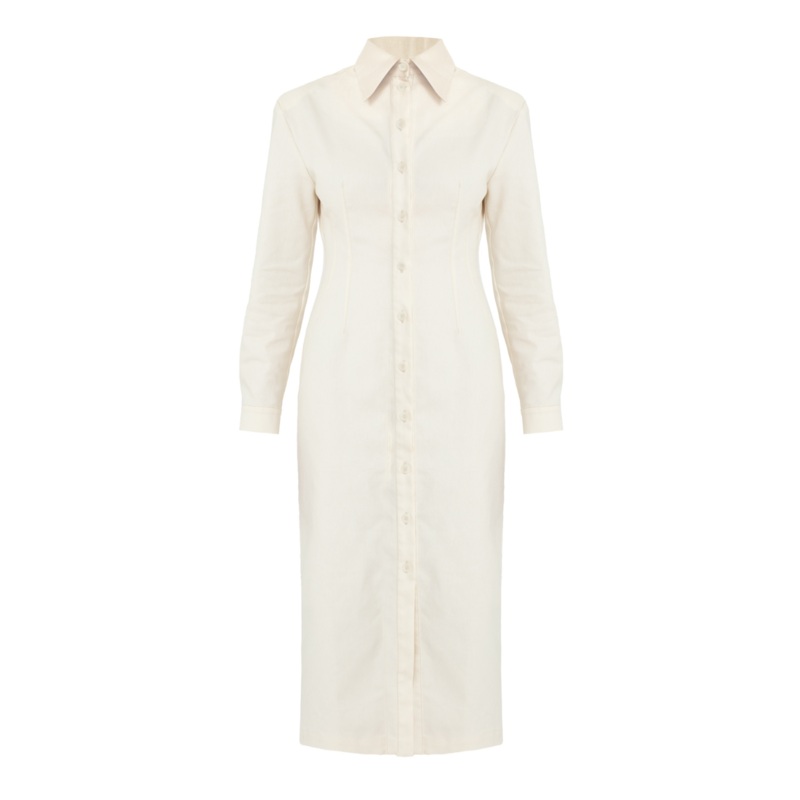 EDITH WHITE DENIM FITTED MIDI SHIRT DRESS