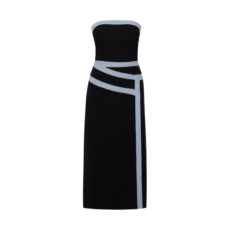 ELENA STRAPLESS BLACK LINEN TAPE DRESS