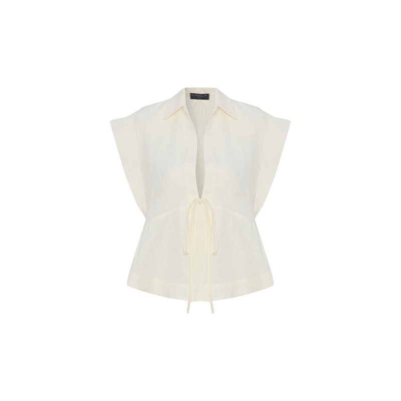 GALIA ECRU LINEN TIE SHORT SLEEVE SHIRT