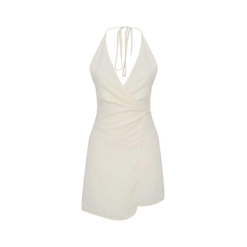 SADIE ECRU LINEN WRAP MINI DRESS