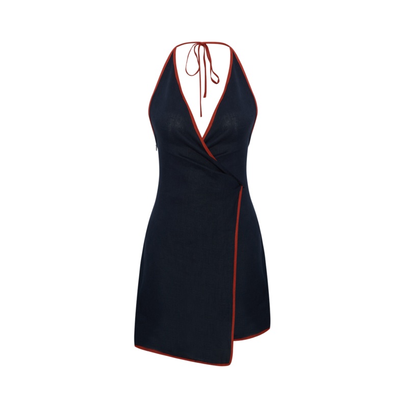 SADIE NAVY LINEN WRAP MINI DRESS