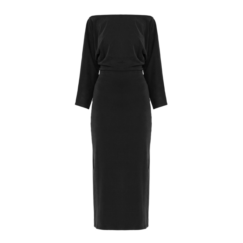 THEA BLACK OFF-SHOULDER JERSEY MIDI DRESS