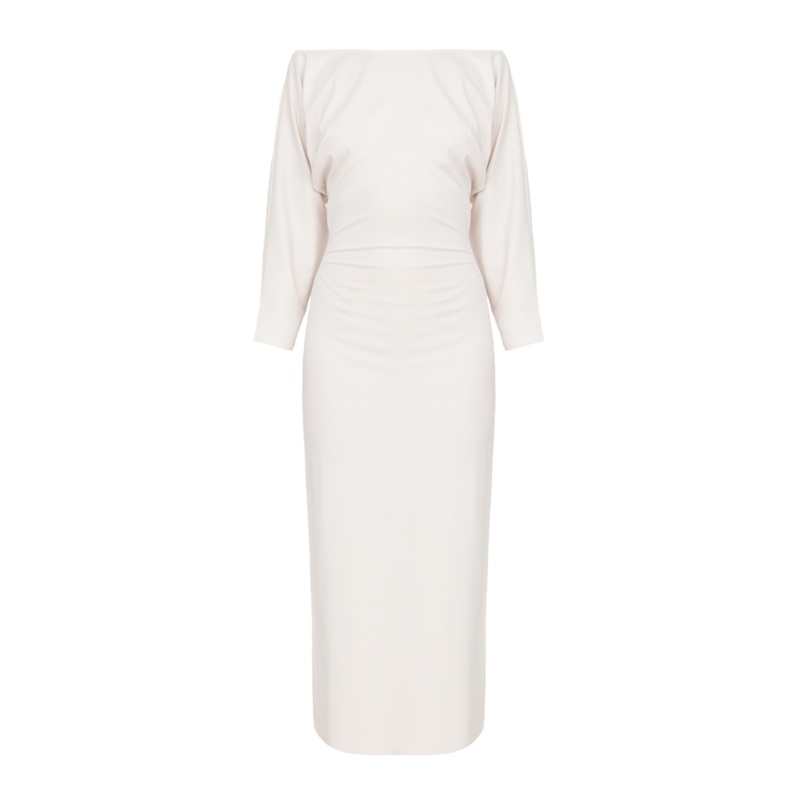 THEA WHITE OFF-SHOULDER JERSEY MIDI DRESS WITH LONG SLEEVES
