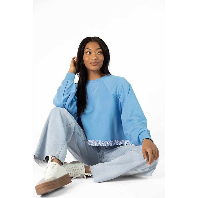 Away We Go Cropped Blue Stripe Ruffle Hem Crew Neck Sweatshirt FINAL SALE