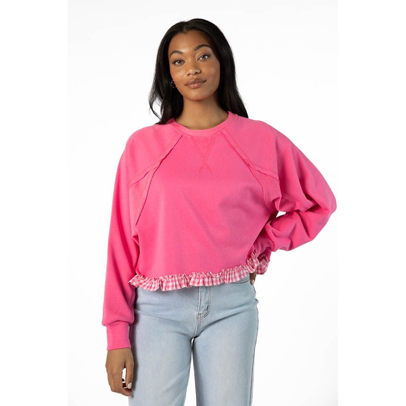Away We Go Cropped Pink Gingham Ruffle Hem Crew Neck Sweatshirt FINAL SALE