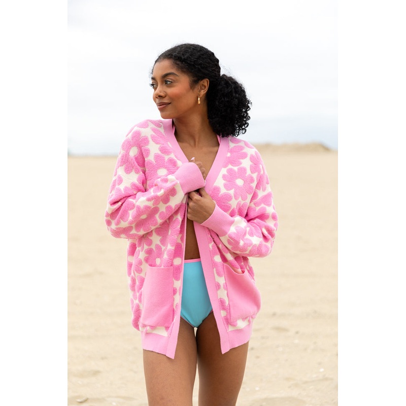 Better Believe It Pink Floral Print Terry Cloth Cardigan
