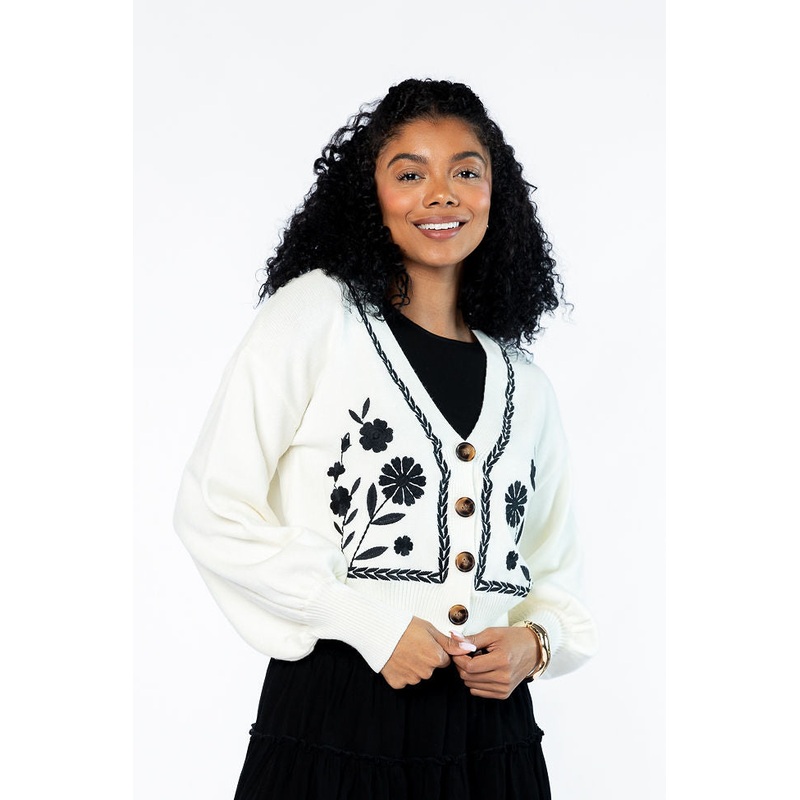 Bloom With Grace Ivory and Black Floral Embroidered Cardigan