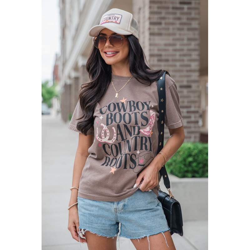 Cowboy Boots and Country Roots Espresso Brown Graphic Tee