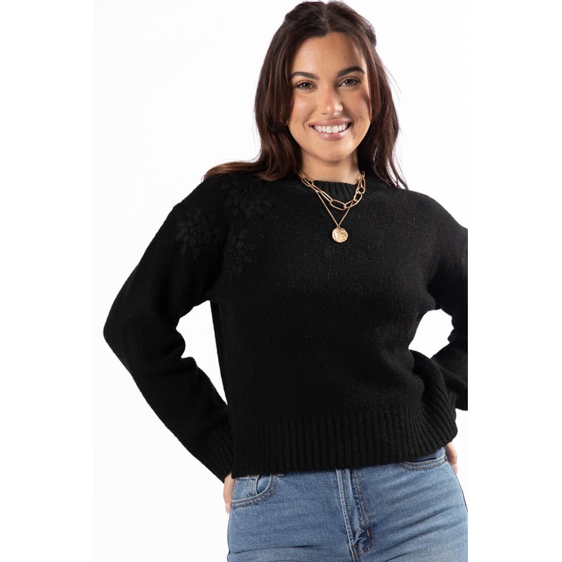 Days Of Dreaming Black Floral Embroidered Crew Neck Sweater FINAL SALE