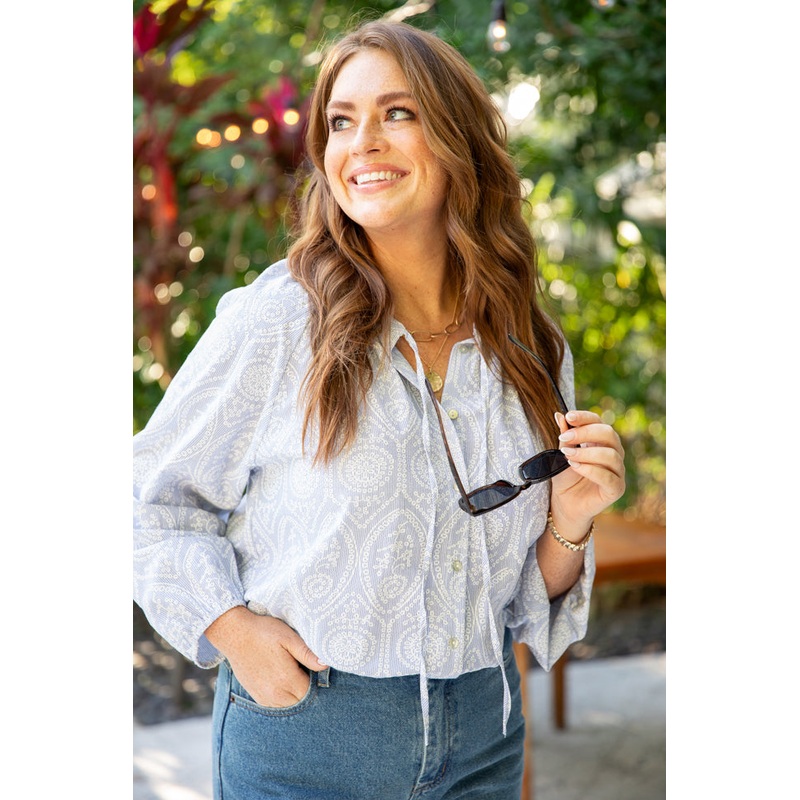Downtown Delight Blue Embroidered Woven Button Down Blouse
